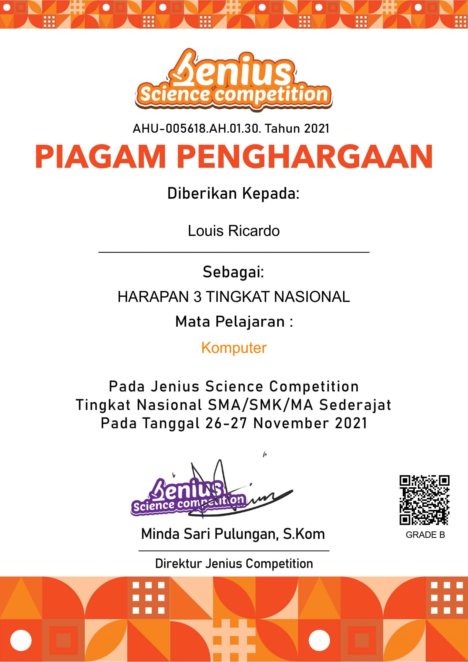 Juara Harapan 3 Tingkat Nasional Komputer Jenius Science Competition (Louis Ricardo)